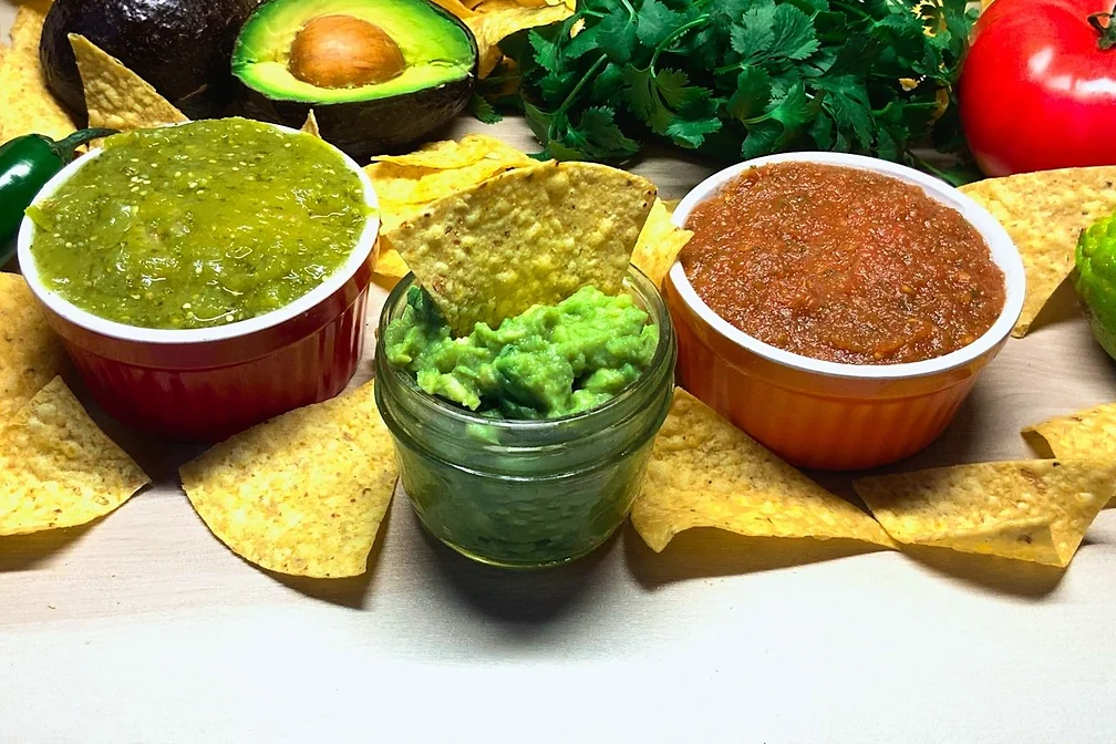 Tres dip: salsa verde, guacamole and salsa rojas with tortilla chips